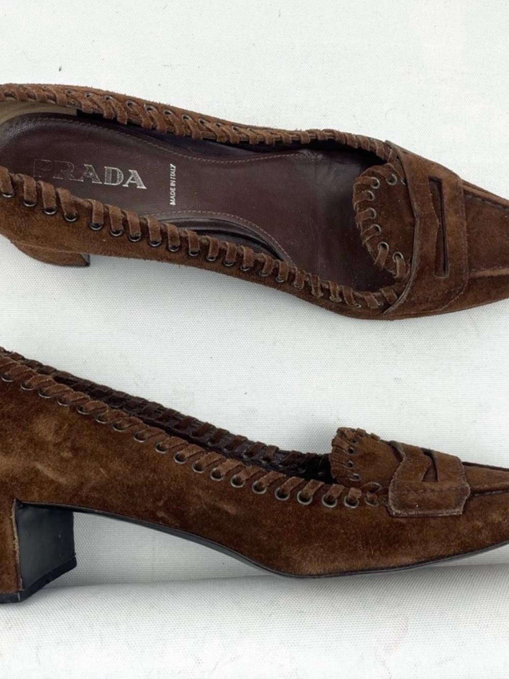 Prada Brown Suede Whipstitch Low Heel Loafers